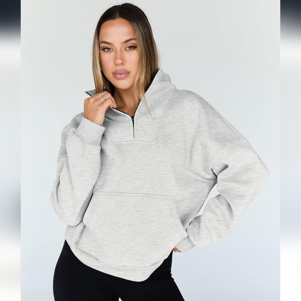 Amazon Women's Quarter Zip Collared Sweatshirt Grey And Black Size S